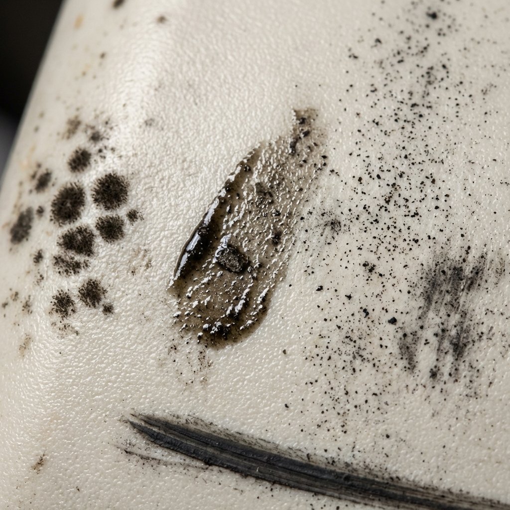 A detailed, realistic macro photograph or digital painting of a smooth, light-colored plastic surface, clearly showing diverse types of embedded or accumulated black stains. One area features distinct, fuzzy black mold spores, while another section shows a shiny, dark greasy smudge that has attracted dust. Further along, fine, particulate black specks representing soot or environmental debris are visible. A small, linear black mark indicates a rubber abrasion. The focus is on the texture of the plastic and the different visual characteristics of each type of black imperfection, highlighting the variety of causes.