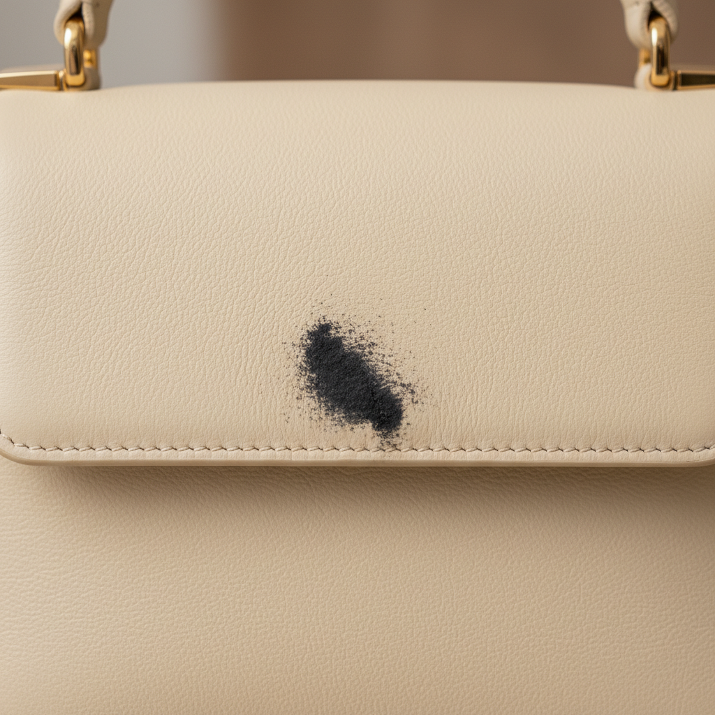 A close-up, professional photo of a light-colored, luxurious leather sofa or a high-end leather handbag. A prominent, dark black smudge or abrasion mark (like from denim rubbing or an ink stain) is clearly visible on the surface, sharply contrasting with the pristine surrounding leather. The rich texture and grain of the leather are emphasized, highlighting the visual impact of the blemish. The lighting should be soft and even, accentuating the quality of the material and the severity of the spot.