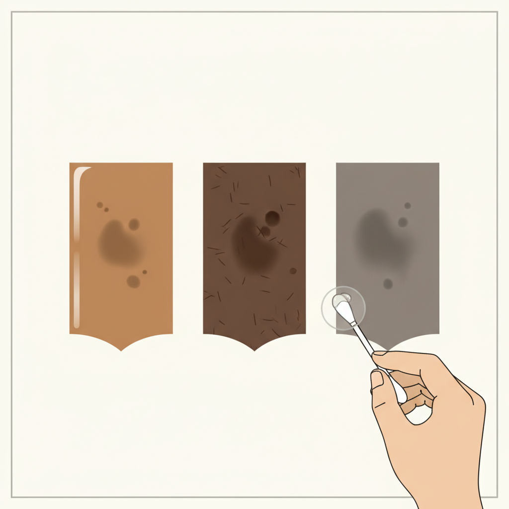 A clean, modern flat illustration with an infographic aesthetic, depicting a visual comparison of three distinct leather swatches: a smooth, glossy light-brown leather, a textured dark-brown suede, and a velvety grey nubuck. A subtle, almost abstract black spot is faintly visible on each swatch, suggesting different levels of stain penetration. In the foreground, a careful hand holding a cotton swab gently applies a clear test liquid to a small, isolated area on the underside or a hidden part of one of the leather pieces.