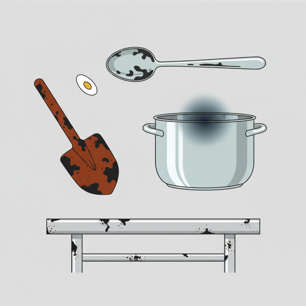 A clean, minimalist flat illustration depicting various metal objects suffering from different types of black spots. On the left, a portion of a rusty iron garden spade with dark red-brown oxidation spots. In the center, a tarnished silver spoon exhibiting dark grey chemical reaction spots, perhaps with a subtle stylized 'egg' icon nearby. On the right, a shiny stainless steel pot with a distinct blue-black heat discoloration mark near its rim. Below, a segment of an aluminum outdoor railing covered in dark, grimy dirt and environmental deposits. The overall aesthetic should be clean and informative.