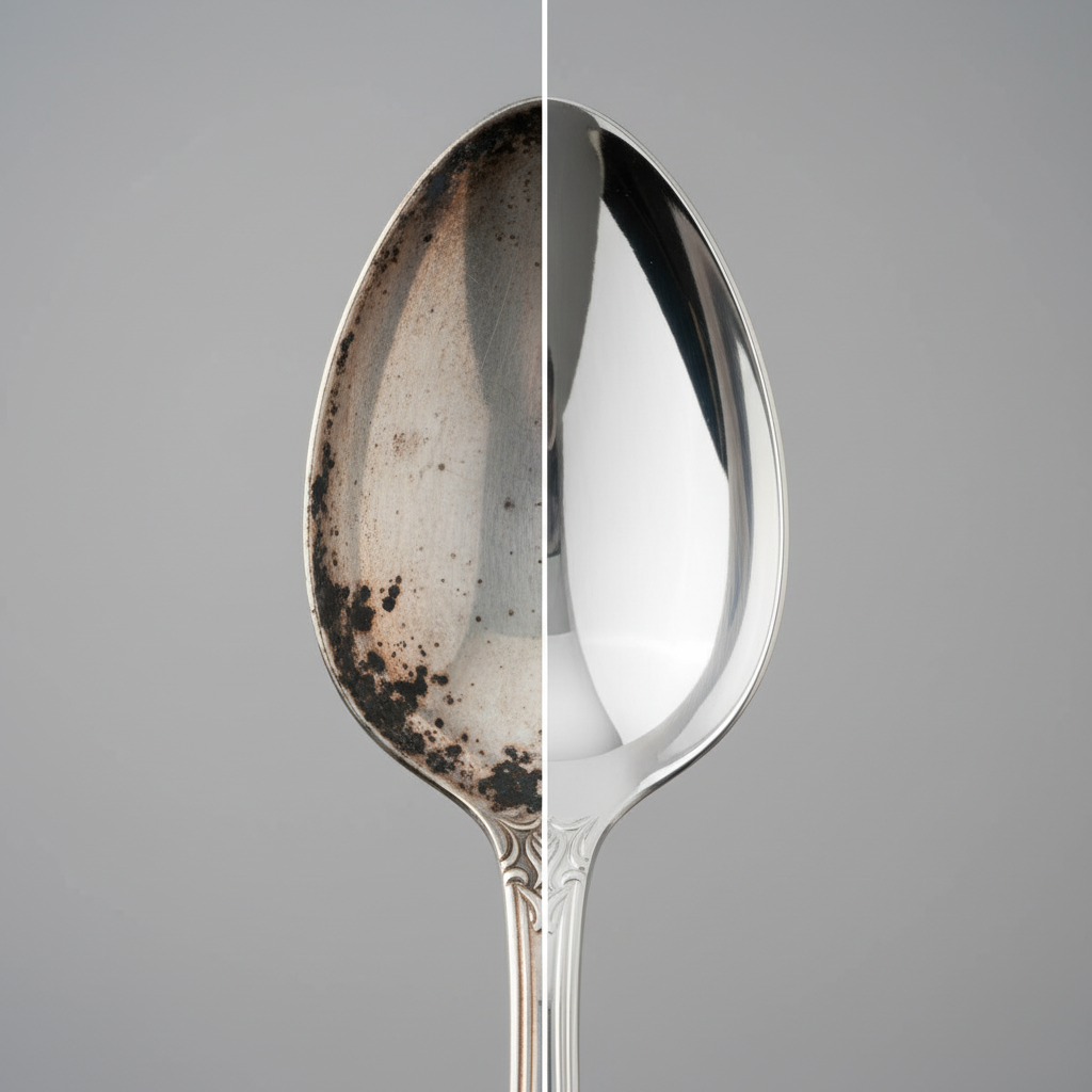 A professional photo, studio quality, showcasing a striking 'before and after' transformation of a household metal object. On the left side, a section of a stainless steel kitchen sink or a piece of ornate silver cutlery is visibly marred by persistent dark black spots and dullness. On the right side, the exact same object gleams brilliantly, completely free of any blemishes, reflecting light with an immaculate, mirror-like finish. The transition should be seamless, emphasizing the effectiveness of cleaning. The background is neutral and clean, allowing the metal to be the sole focus.
