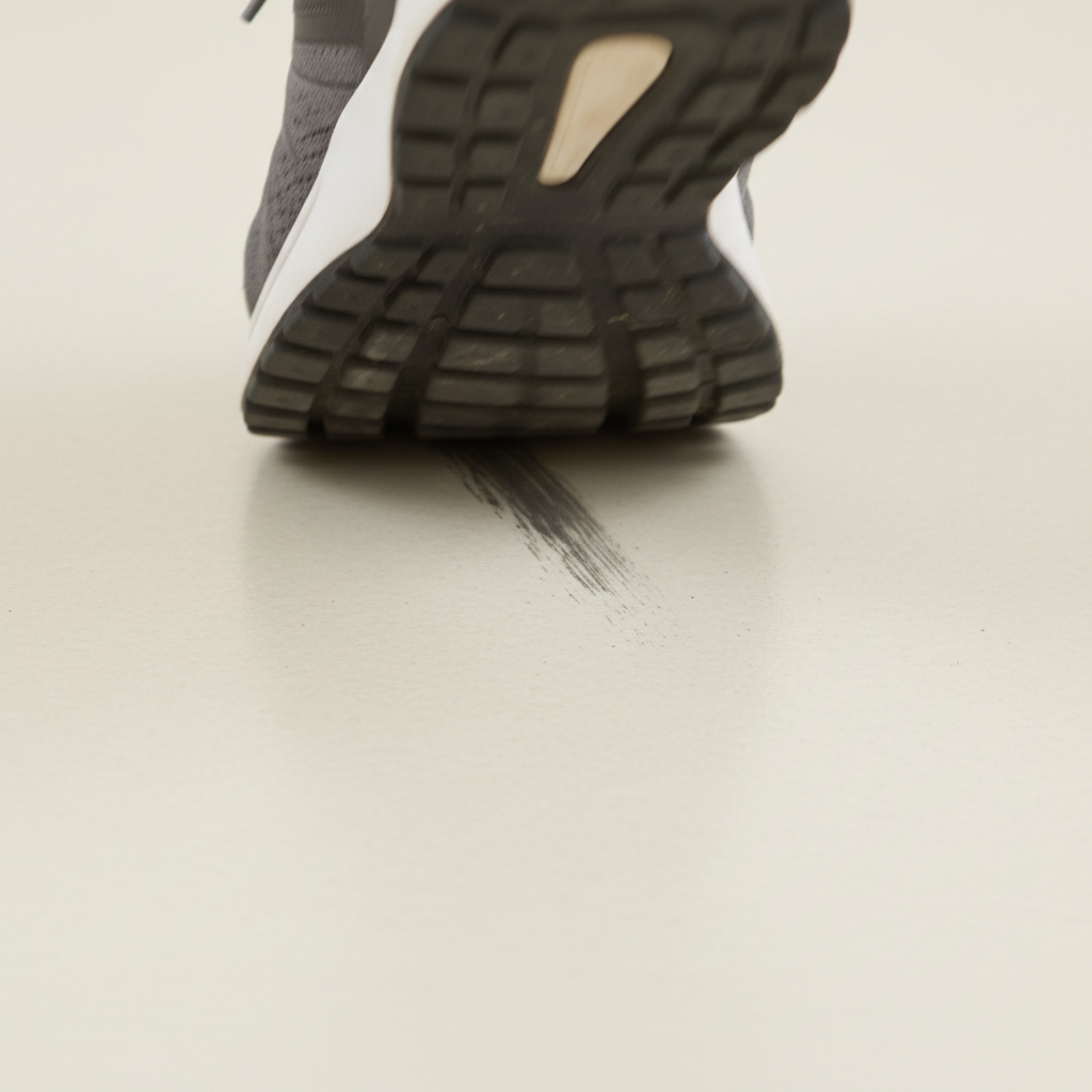 A dynamic, close-up professional photo illustrating the cause of black stains on PVC. A human foot in a modern shoe, specifically showing the rubber sole, is depicted in motion, scuffing lightly across a smooth, light-colored PVC floor. At the point of contact, a subtle, streaky black mark is visibly forming on the floor surface, emphasizing the abrasion and material transfer. The scene is brightly lit and focuses on the interaction between the sole and the floor, creating a clear visual explanation of rubber scuff marks.