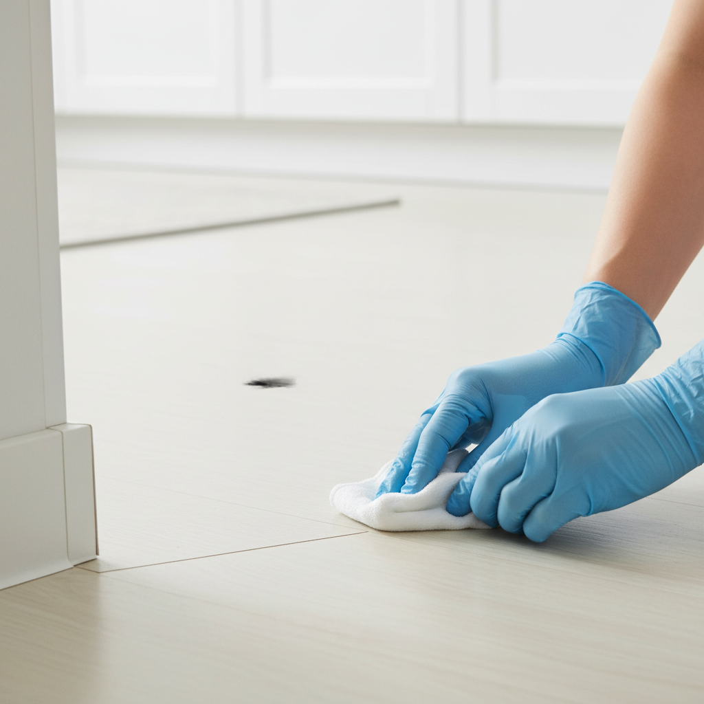 A professional, brightly lit photo capturing a crucial preparation step for cleaning PVC. A person's hands, wearing light-colored gloves, are gently dabbing a small, inconspicuous corner or edge of a light-colored PVC floor with a soft, damp cloth. The floor surface appears clean overall, but a subtle black spot is visible further away, indicating the larger cleaning task. The image conveys carefulness and the importance of testing cleaning solutions before full application in a domestic setting.