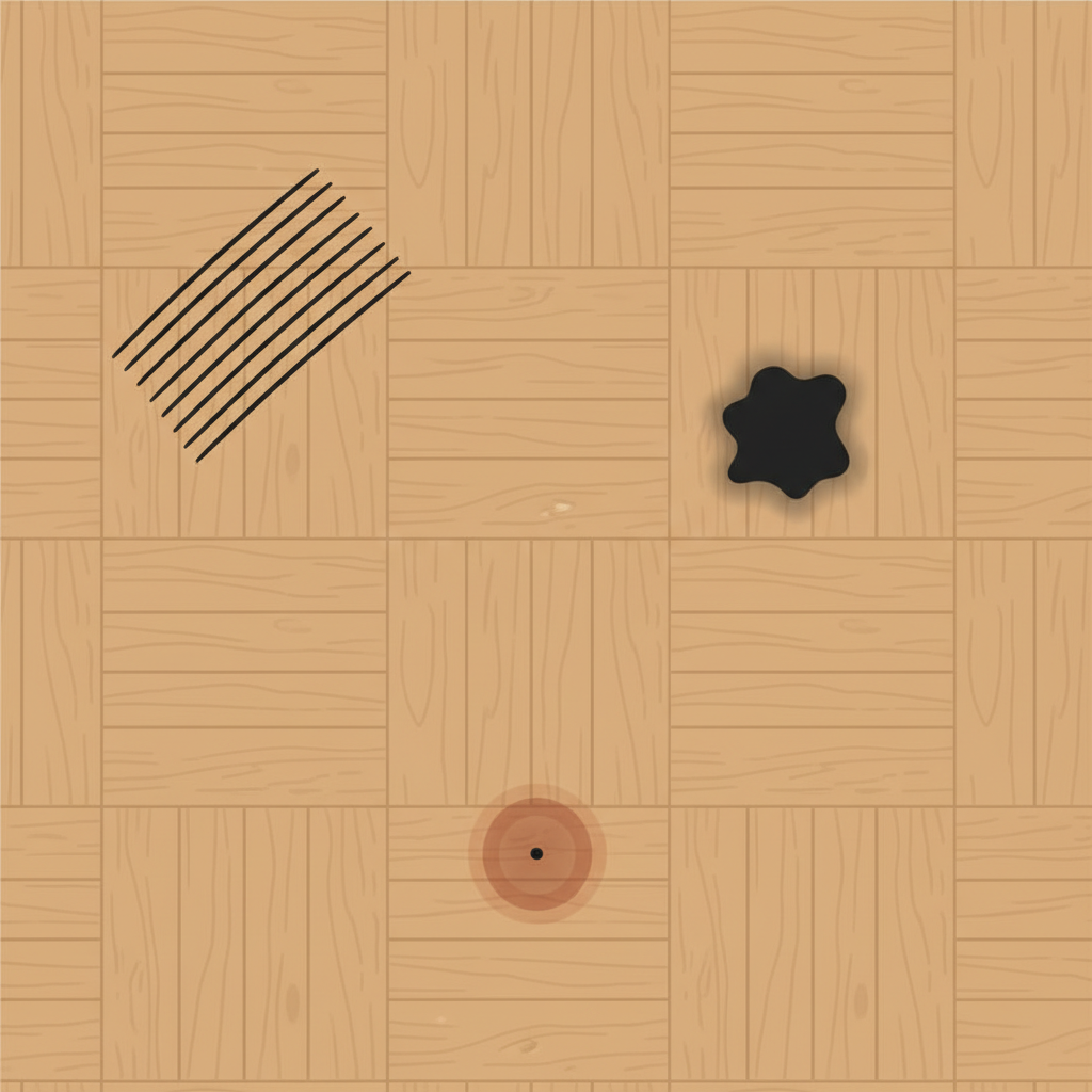 A professional, top-down flat illustration of a clean, light-brown parquet wood floor with various distinct black stains. In one area, thin, parallel black streaks indicate rubber abrasion. Nearby, a small, dark circular spot with a slightly diffused edge suggests a liquid spill. In another section, a tiny, almost pinpoint black mark with a subtle rust-like halo visually represents metallic corrosion. The overall composition should be uncluttered, showcasing different types of stains clearly against the pristine wood grain, emphasizing their distinct appearances without being overtly messy. The style is clean, modern, and infographic-like, suitable for quick visual understanding.
