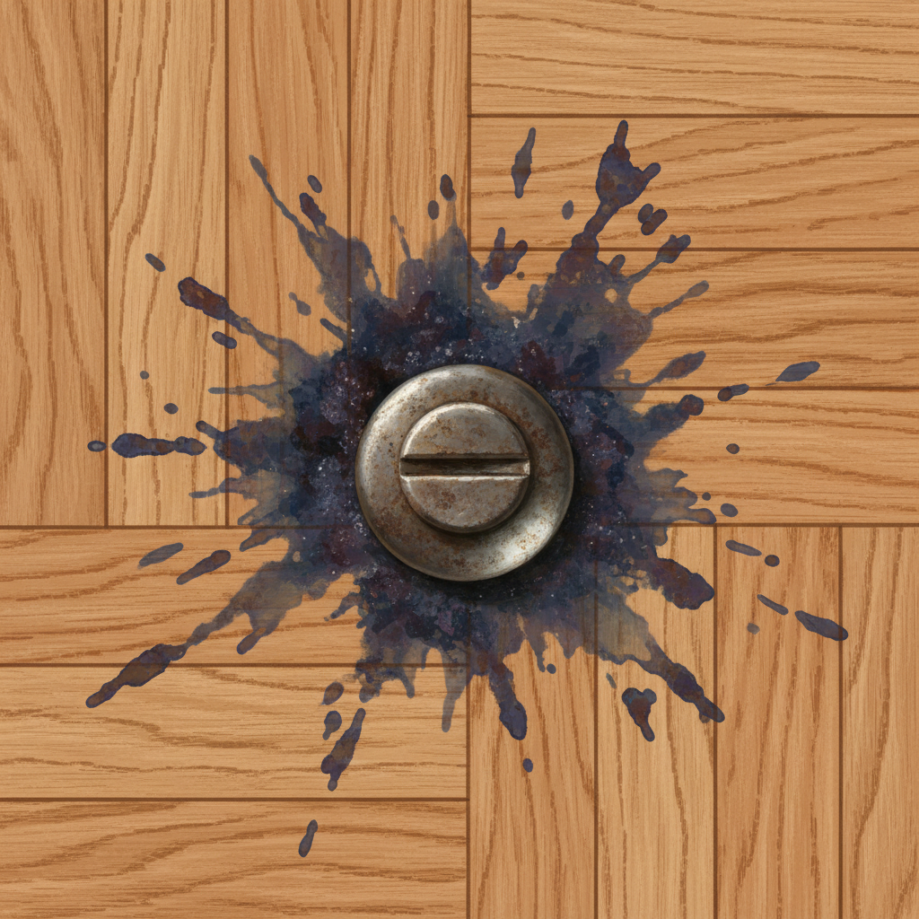 A hyper-realistic close-up digital painting focusing on a small segment of warm, light-colored wooden parquet flooring. A single, small, metallic object, resembling a tiny nail head or screw, rests on the surface. A clear droplet of water is visible around the base of the metal. Extending from where the metal and water meet, a distinct dark blackish-blue stain is visibly seeping into the wood grain, illustrating the chemical reaction of oxidation. The wood texture, reflections on the water, and the subtle color shift of the stain should be rendered with high detail, capturing the process of metallic corrosion on wood.