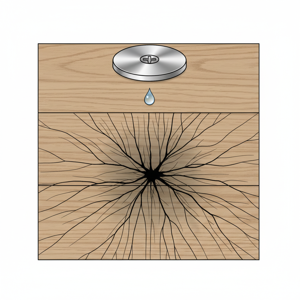 A detailed, close-up schematic illustration depicting a cross-section of a light oak parquet floor plank. On the surface, a small metal object, like a tiny screw head or a metallic furniture foot, is shown in contact with a minute droplet of water. Below this contact point, within the wood's grain structure, a chemical reaction is visually represented as dark tendrils spreading outwards, forming a distinct black stain. The wood fibers around the stain show subtle signs of discoloration, emphasizing the depth of the chemical reaction with tannins. The overall style should be a professional, slightly scientific diagram, highlighting the cause of the dark spot.