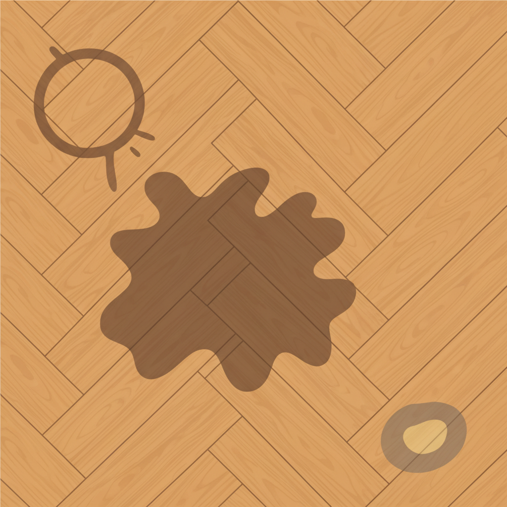A clean, modern flat illustration showcasing a segment of a warm-toned parquet floor, viewed from a slightly elevated angle. Various common sources of moisture damage are subtly depicted. In one corner, a circular, damp outline suggests a leaky plant pot, leaving a dark, irregular ring stain. Towards the center, a more amorphous, spreading dark patch indicates a spilled liquid. Another small, slightly grayish spot hints at a pet accident. The floor itself is otherwise clean, emphasizing the contrast with the moisture-induced discolorations, which range from dark gray to deep brown. The focus is purely on the visual representation of different water-related stains.