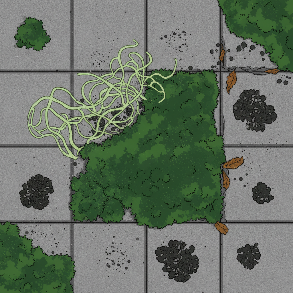 A top-down view infographic illustration showing a section of grey paving stones covered with various types of black and dark green organic growths. Clearly depict distinct patches of stringy green algae, dense dark moss, small circular black lichen, and tiny dot-like fungi spores. Additionally, include subtle visual cues like a few fallen leaves decaying near a stone edge and faint dark dust particles representing air pollution. The overall impression should be a detailed, clean infographic style highlighting the common causes of black spots, with a slightly textured look on the stones.