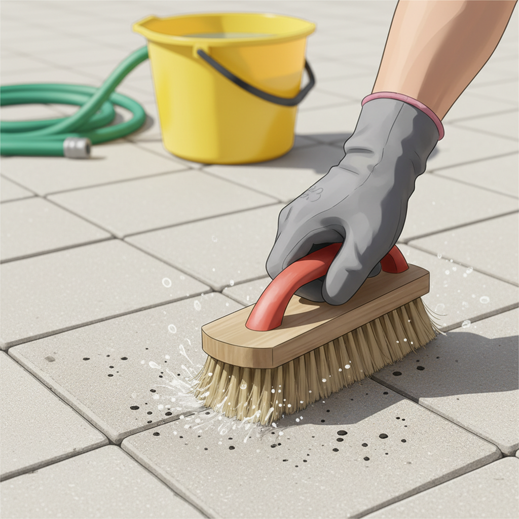 A professional photo-style illustration from a slightly elevated angle, focusing on a person's gloved hands actively scrubbing black-spotted paving stones. One hand firmly holds a stiff-bristled cleaning brush, vigorously scrubbing a patch of dark stains on a light grey paver. Water droplets are visibly splashing around the brush. In the background, partially visible, is a section of already cleaned, spotless paving stones, creating a clear contrast between dirty and clean areas. A yellow bucket and a coiled garden hose are subtly present in the periphery, indicating cleaning activity. The scene should convey effort and effectiveness.