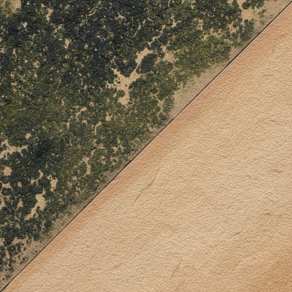 A high-resolution, professional photo showing a close-up of a sandstone slab. The image is diagonally split into two distinct sections. The left section depicts a heavily soiled sandstone surface, marred by extensive dark, splotchy black and greenish organic growth, resembling algae and moss. The texture of the stone is obscured by the grime. The right section, in stark contrast, shows a pristine, clean sandstone surface, revealing its warm, natural earthy tones and distinct grainy texture, suggesting a successful cleaning process. The transition line between the dirty and clean areas is sharp and clear.