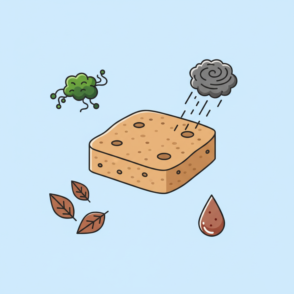 A clear and concise infographic-style illustration depicting various sources of black spots on sandstone. The central element is a simplified, stylized representation of a porous sandstone surface. Around and interacting with this surface, several distinct visual icons or elements illustrate the causes: a small clump of green algae/moss, swirling dark grey particles representing environmental soot/pollution, falling brown leaves, and a faint reddish-brown droplet symbolizing iron-rich water. Each element is visually distinct but conceptually linked to the sandstone, explaining its origin. The overall aesthetic is clean, bright, and easy to understand.