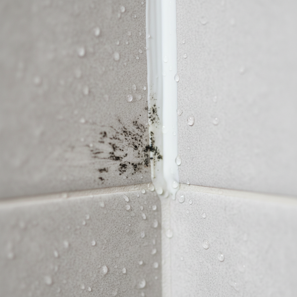 A macro shot capturing a bathroom corner, focusing on a section of white silicone caulk where it meets light grey tiles. The silicone is heavily afflicted with distinct clusters of black mold spots and dark streaks, conveying a clear sense of deterioration and uncleanliness. In a subtle visual contrast, a small portion of the caulk nearby appears pristine and bright white, hinting at a potential for cleanliness. Tiny water droplets are visible on the surrounding tiles, emphasizing a damp environment. Style: High-resolution professional product photography with a shallow depth of field, bright and clean.