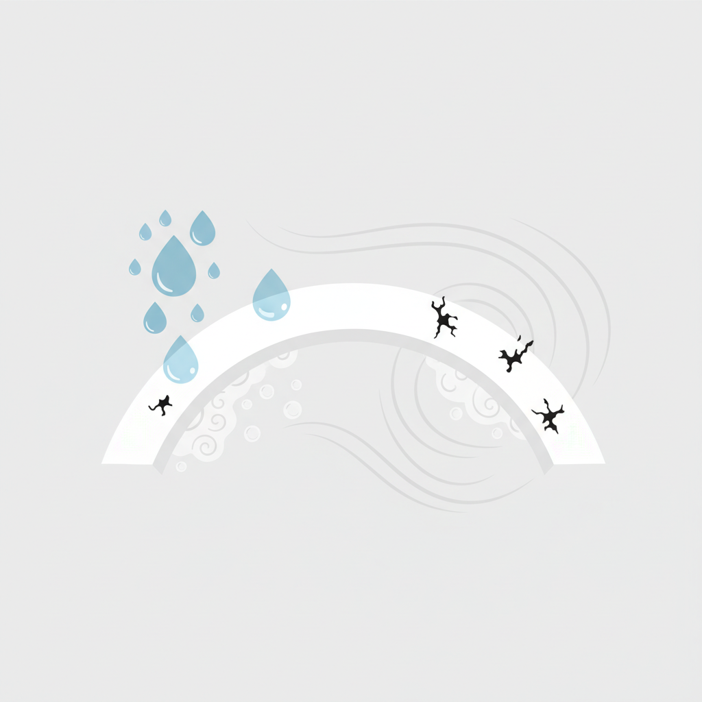 A clean, minimalist flat illustration showing a stylized cross-section of a white silicone joint. Surrounding the joint, abstract visual elements represent the main causes of black mold. These include blue water droplets symbolizing high humidity, small, translucent soap bubbles and residue clinging to the silicone surface, and faint, swirling grey lines indicating poor ventilation. A few small, abstract black dots or wisps are depicted growing directly on the silicone, representing the mold itself. Style: Infographic-style flat illustration with crisp lines and a limited color palette.
