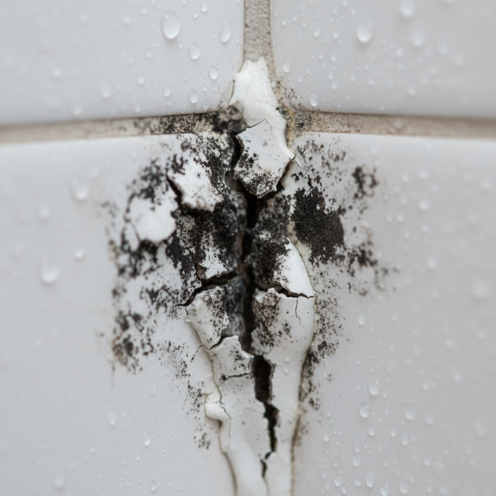 A detailed, close-up macro shot of a bathroom silicone joint, heavily affected by black mold. The silicone should show visible cracks and deterioration, allowing moisture ingress. Subtle visual cues like condensation droplets on adjacent white ceramic tiles or a slightly misty background can emphasize humidity. The scene should clearly depict the common problem of mold growth, highlighting the unhygienic appearance. Professional photo style, with crisp focus on the textured mold and silicone, creating a visually impactful representation of the issue without being overtly disgusting. Natural, bright lighting.