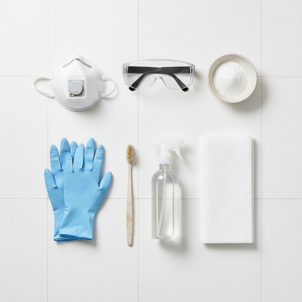 A clean, organized flat lay illustration showcasing the essential materials for cleaning moldy silicone joints. Include a pair of light blue rubber gloves, a white respiratory mask, clear safety goggles, an old, well-used toothbrush, a generic spray bottle containing a clear liquid, a small open container with white powder (representing baking soda), and a neatly folded stack of white paper towels. All items should be arranged clearly on a light, neutral background, perhaps a minimalist white tile surface. Bright, clean product photography style with even lighting, emphasizing preparedness and safety.