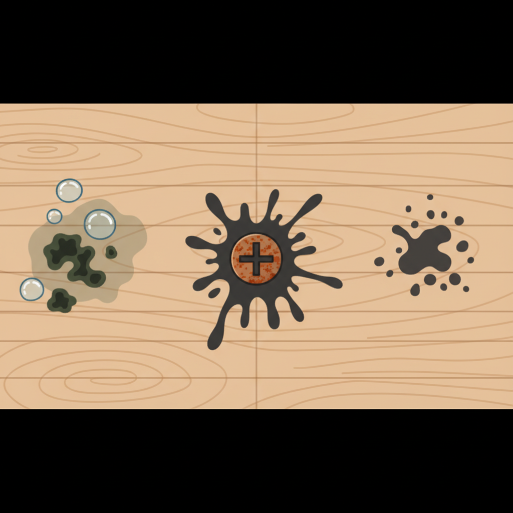 A detailed flat illustration depicting various common causes of black stains on a light wooden surface. One section shows dark mold spots emerging from under realistic water droplets pooling on the wood. Another section features a rust-colored metal screw head reacting with the wood, creating a prominent, spreading black chemical stain. A third area has a subtle, dark greasy splatter. The wood texture is implied with clean lines, and the overall style is bright, clear, and informative, ideal for an infographic.