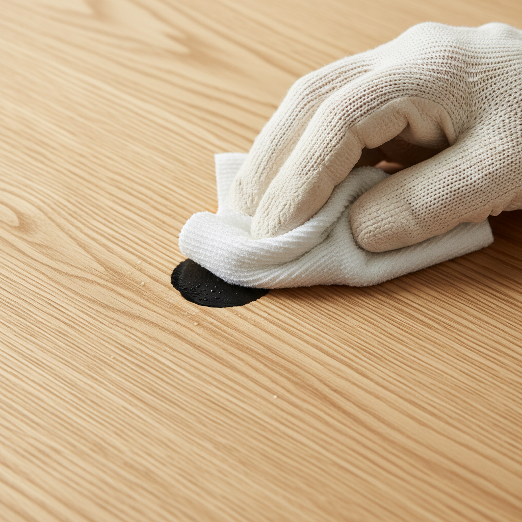 A professional, well-lit close-up photo showing a hand in a light-colored work glove gently dabbing a stubborn black stain on a wooden tabletop with a soft, slightly damp white cloth. The natural wood grain is clearly visible, and the area surrounding the stain appears clean and restored, subtly contrasting with the dark spot currently being treated. The image focuses on the careful action and the subtle textures of the wood and cloth, conveying effective restoration.
