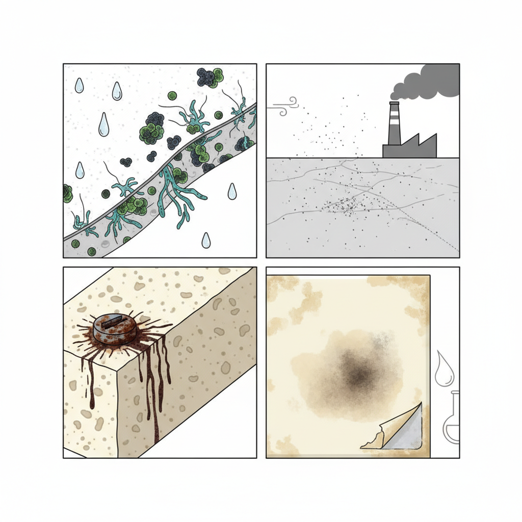 A detailed infographic-style illustration depicting various sources of black spots on different surfaces. On one side, show microscopic algae and mold spores clinging to a slightly damp wall texture. Another section illustrates fine soot particles drifting from a distant chimney onto a textured outdoor surface. Include subtle visual representations of rust bleeding from a metal fixture onto a lighter material, and a faint dark discoloration implying a chemical reaction or old glue residue on a different surface. The overall impression should be informative and visually categorizing the causes.