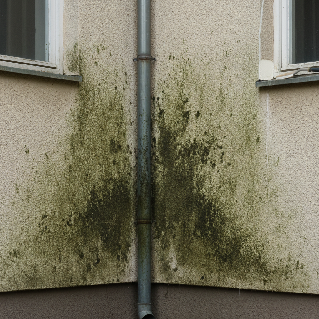 A realistic, high-definition digital painting focusing on a section of a residential building's facade. The wall, possibly rendered as a light-colored stucco or concrete, is marred by prominent, unsightly black and dark green patches of algae and mold, concentrated in shadowed or damp areas. A gentle stream of water or a faint cleaning tool is barely visible at the edge, suggesting the process of removal, with a small, contrasting clean patch beginning to emerge amidst the grime, emphasizing the problem and the impending solution.
