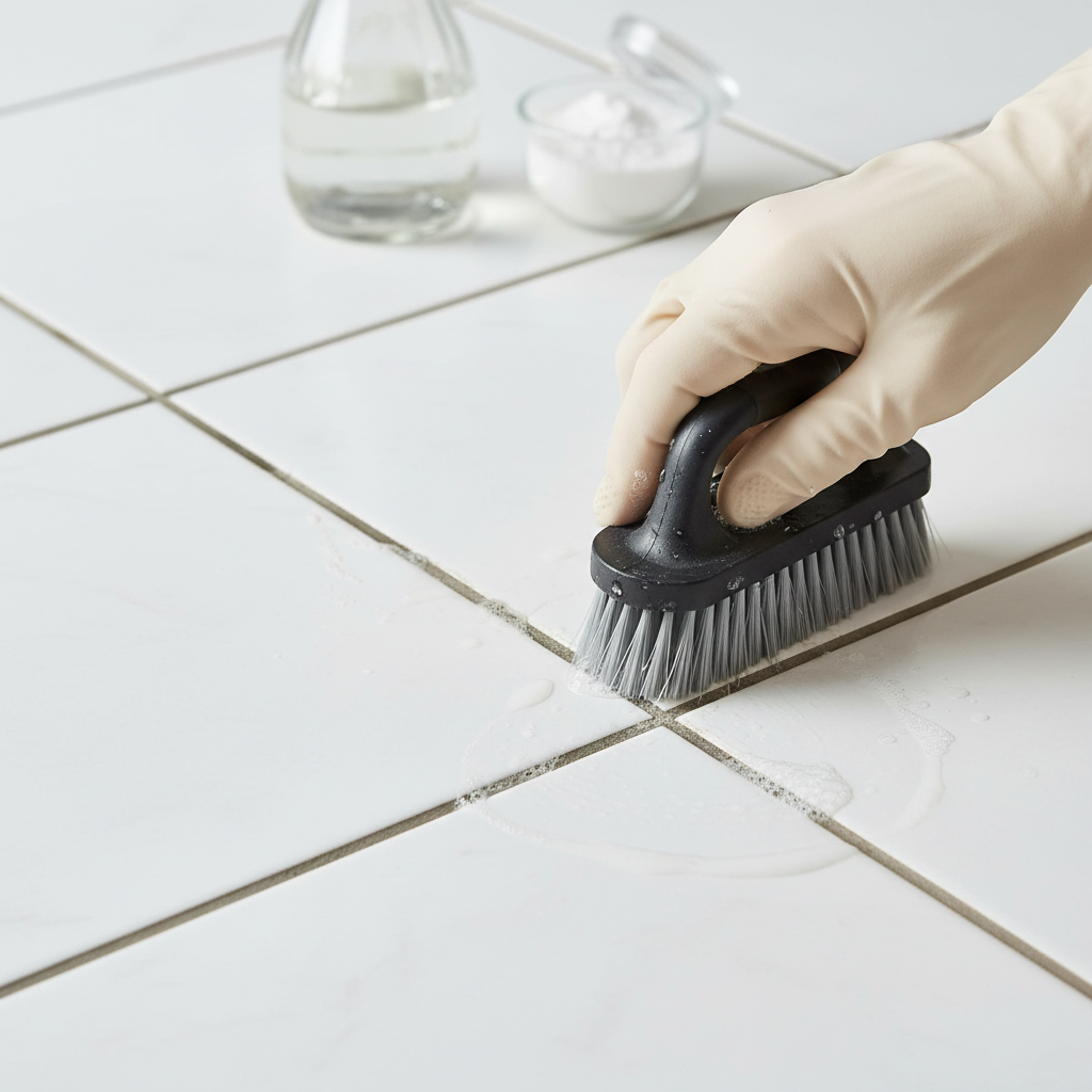A dynamic, professional close-up photograph capturing a hand holding a small scrubbing brush, actively cleaning a section of dirty, dark grey grout lines between bright white ceramic tiles. Half of the visible grout lines are still dark and grimy, while the other half (already cleaned) are noticeably lighter and pristine, showcasing a clear before-and-after effect. In the soft-focus background, a generic bottle resembling vinegar or a small container of baking soda is visible, subtly hinting at common cleaning agents without explicit branding. The overall lighting is bright and clean, emphasizing the transformation.