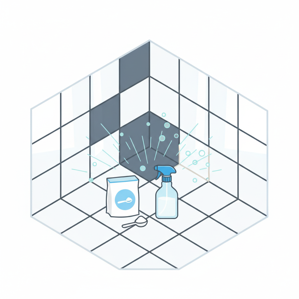 A vibrant, clean flat illustration depicting an elevated perspective of a bathroom or kitchen corner with bright white tiled walls and floor. The focus is on a prominent section of grout lines, which are initially dark and clearly outlined, representing the 'black grout' problem. Adjacent to this area, a small, stylized icon or container representing baking soda and a spray bottle representing vinegar are shown, with subtle visual cues like small bubbles or a clean shine emanating from them towards the dirty grout line, symbolizing their effective cleaning action. The tiles themselves are immaculate.