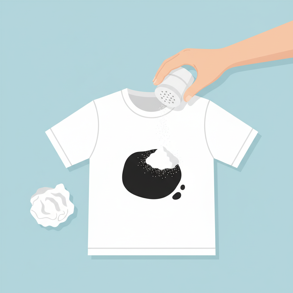 A vibrant, flat illustration depicting the initial steps of removing a black oil stain. A light-colored fabric (e.g., a white t-shirt) lies flat, prominently displaying a circular, dark black oil stain. A hand, reaching into the frame from the side, is gently sprinkling a fine, white, powdery substance (like cornstarch or baby powder) directly onto the oil stain, creating a small mound. A piece of crumpled paper towel or a clean cloth is placed nearby, suggesting the initial blotting step. The background is simple and uncluttered, emphasizing the cleaning action.
