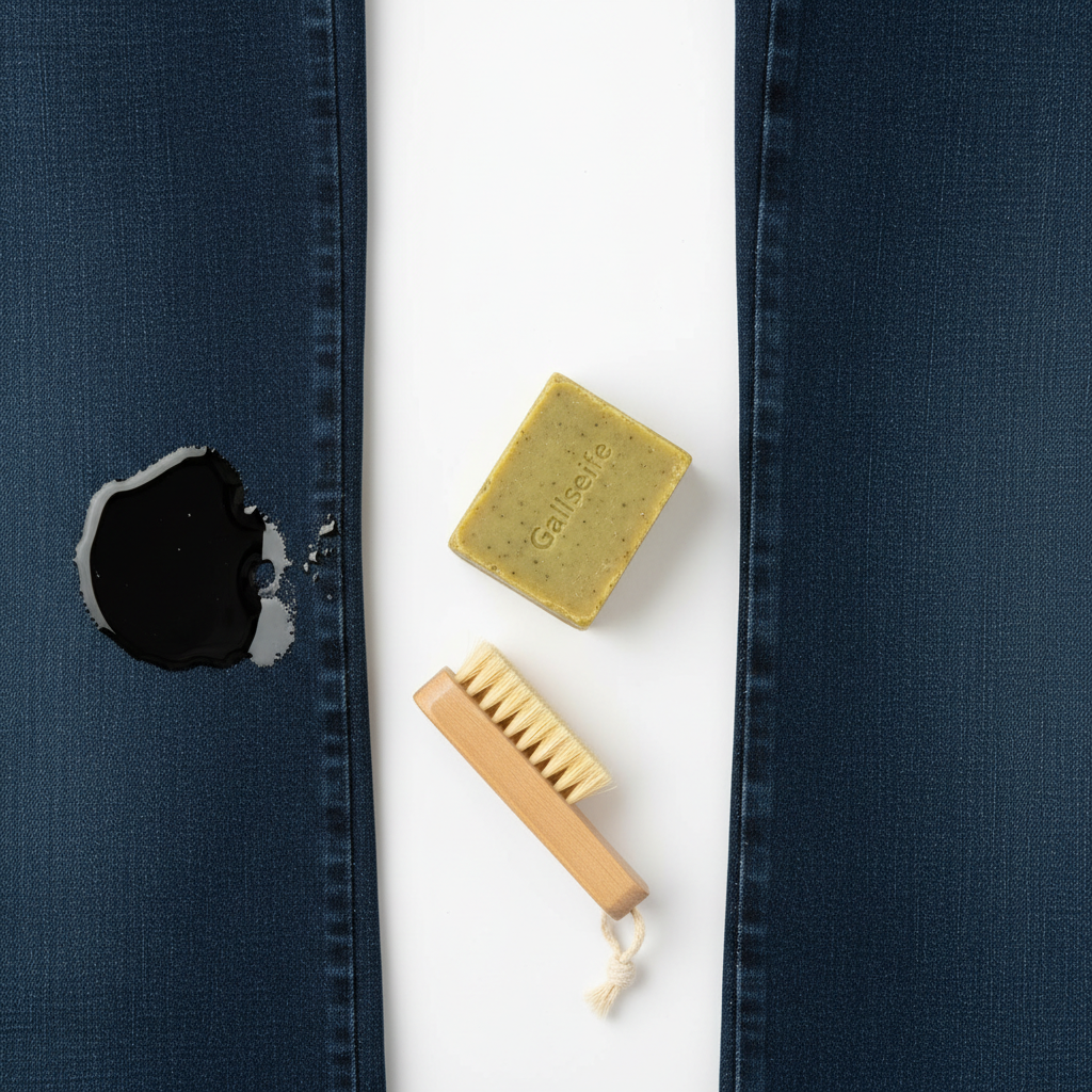 A professional, high-key product photograph illustrating the effective removal of stubborn stains. On one side of the frame, a segment of a dark denim fabric (e.g., jeans) is shown with a prominent, freshly applied, glossy black motor oil stain. On the other side, an identical segment of the same denim fabric appears perfectly clean and restored, free of any blemishes. In the negative space between the two fabric pieces, a bar of classic yellow-green Gallseife (bile soap) is subtly placed, along with a gentle scrubbing brush. The lighting is bright and even, highlighting the contrast between the stained and clean fabric, conveying success.