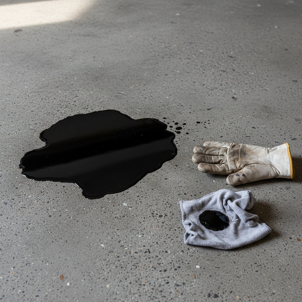 A realistic, professional photo of a challenging oil stain scenario. A prominent, dark, glistening black oil stain sprawls on a textured concrete garage floor. Nearby, a work glove rests, implying recent mechanical work, and a crumpled piece of grey fabric also bears a smaller, but clearly visible, black oil stain. The lighting highlights the oily sheen of the stains, contrasting them sharply with the duller, surrounding surfaces, conveying the stubborn nature of the dirt. The composition emphasizes the difficulty of removal.