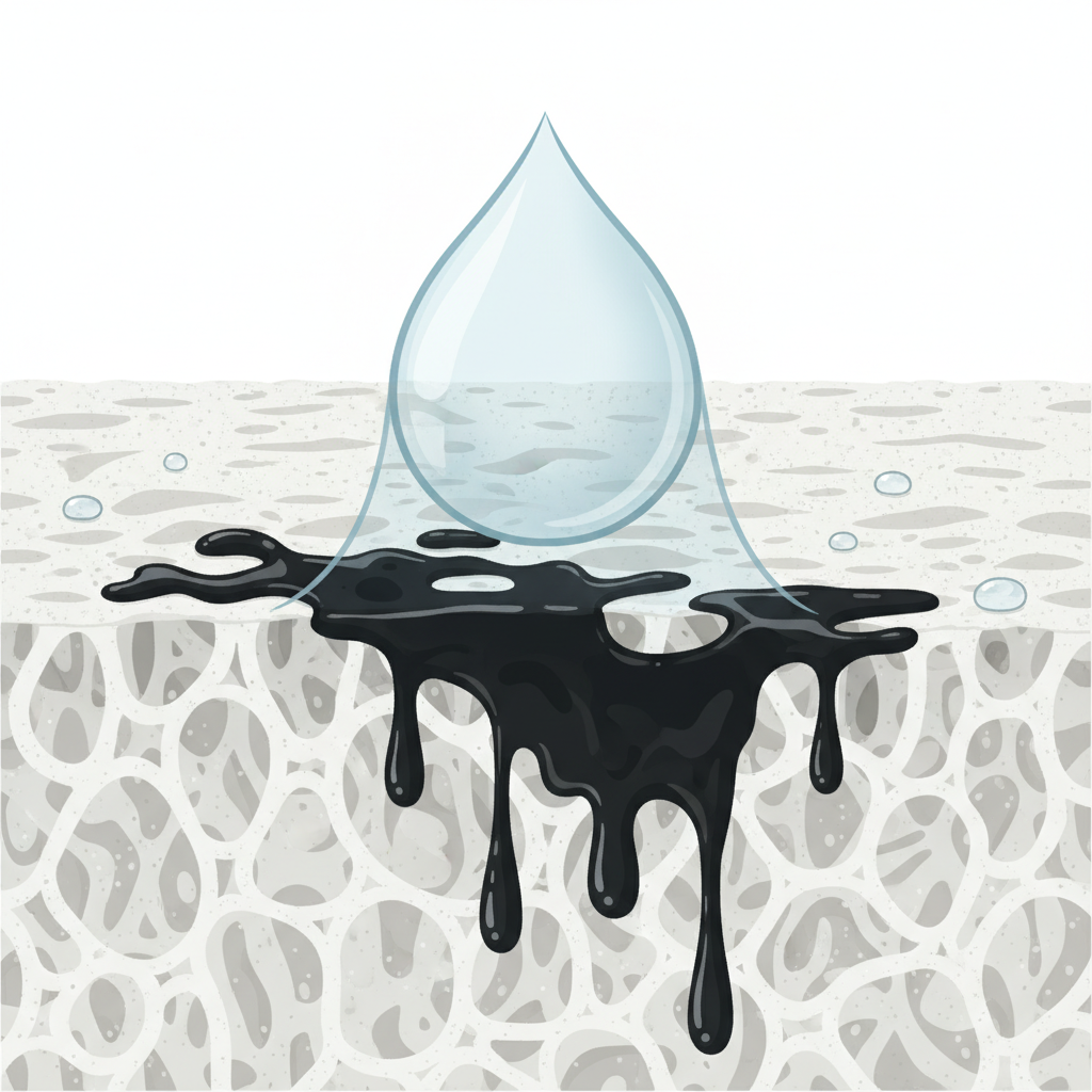 A clean, flat illustration depicting the difficulty of removing black oil stains. The image shows a magnified cross-section of a porous material, like fabric fibers or concrete, with dark, viscous oil deeply embedded within its structure. A large, transparent water droplet is shown clearly repelled by the oil-soaked surface, unable to penetrate or lift the stain. This visual metaphor highlights oil's lipophilic nature and its strong adhesion to surfaces, making conventional water-based cleaning ineffective. Use a simple color palette, emphasizing the contrast between the dark oil, the textured surface, and the clear water.