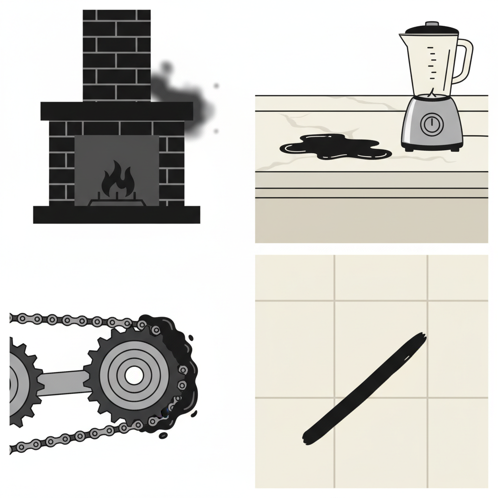 A vibrant flat illustration depicting various common black smudges across a split-screen or collage layout. On one panel, a subtle black soot mark near an abstract fireplace chimney. Another panel shows an oily, dark smudge on a clean kitchen counter. A third segment features a thick, black grease stain on a metallic bicycle chain or gear. Finally, a distinct dark rubber scuff mark on a light-colored floor tile. The overall impression is messy but visually clear, highlighting diverse sources of contamination.