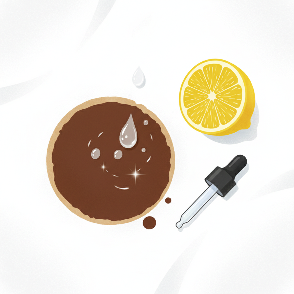 A clean, vibrant flat lay illustration in a modern, slightly stylized aesthetic. The central focus is a circular, dark brown tea stain on a pristine white cotton fabric. Next to the stain, a few drops of clear liquid, representing lemon juice, are visibly being applied or have just landed on the stain, creating a subtle, shimmering effect. A fresh, bright yellow lemon half and a small, delicate glass dropper are positioned nearby. The overall impression should be fresh, natural, and effective, highlighting a common home remedy.