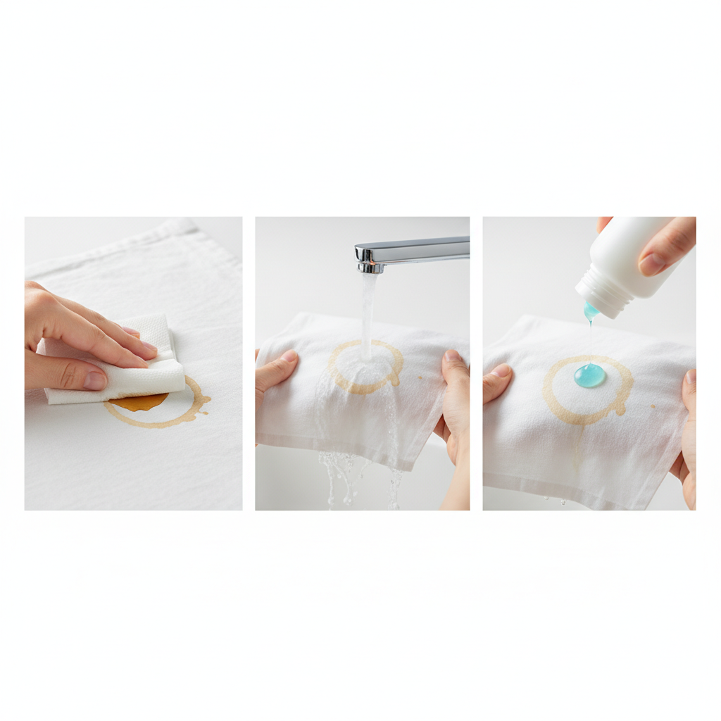 A series of clear, sequential images or a multi-panel flat illustration depicting the immediate steps to remove a fresh black tea stain from a light fabric. The first panel shows a hand gently blotting a dark tea spill on a white textile with a clean paper towel. The second panel illustrates the stained fabric being held under a stream of cold running water. The third panel shows a small drop of liquid detergent being applied directly onto the stain. The overall aesthetic should be clean, bright, and easy to understand, emphasizing the process.