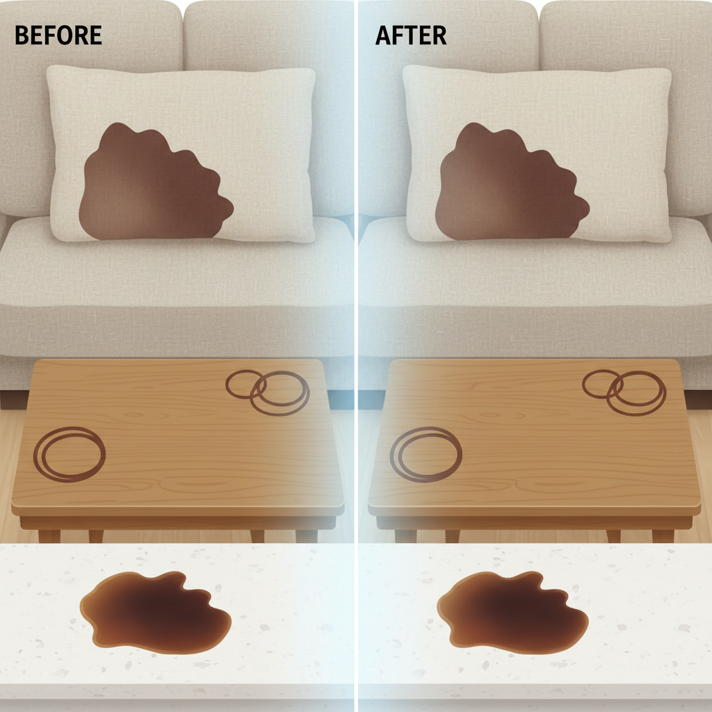 A dynamic, clean illustration or a professional photo montage showcasing the successful removal of stubborn black tea stains across multiple household surfaces. One side or panel features distinct dark tea stains on a light-colored sofa fabric, a wooden tabletop, and a white kitchen counter. The other side or panel depicts these same surfaces completely clean and pristine, free of any stains. A subtle visual element, like a glowing effect or a gradient transition, should convey effective cleaning, highlighting a 'before and after' transformation.
