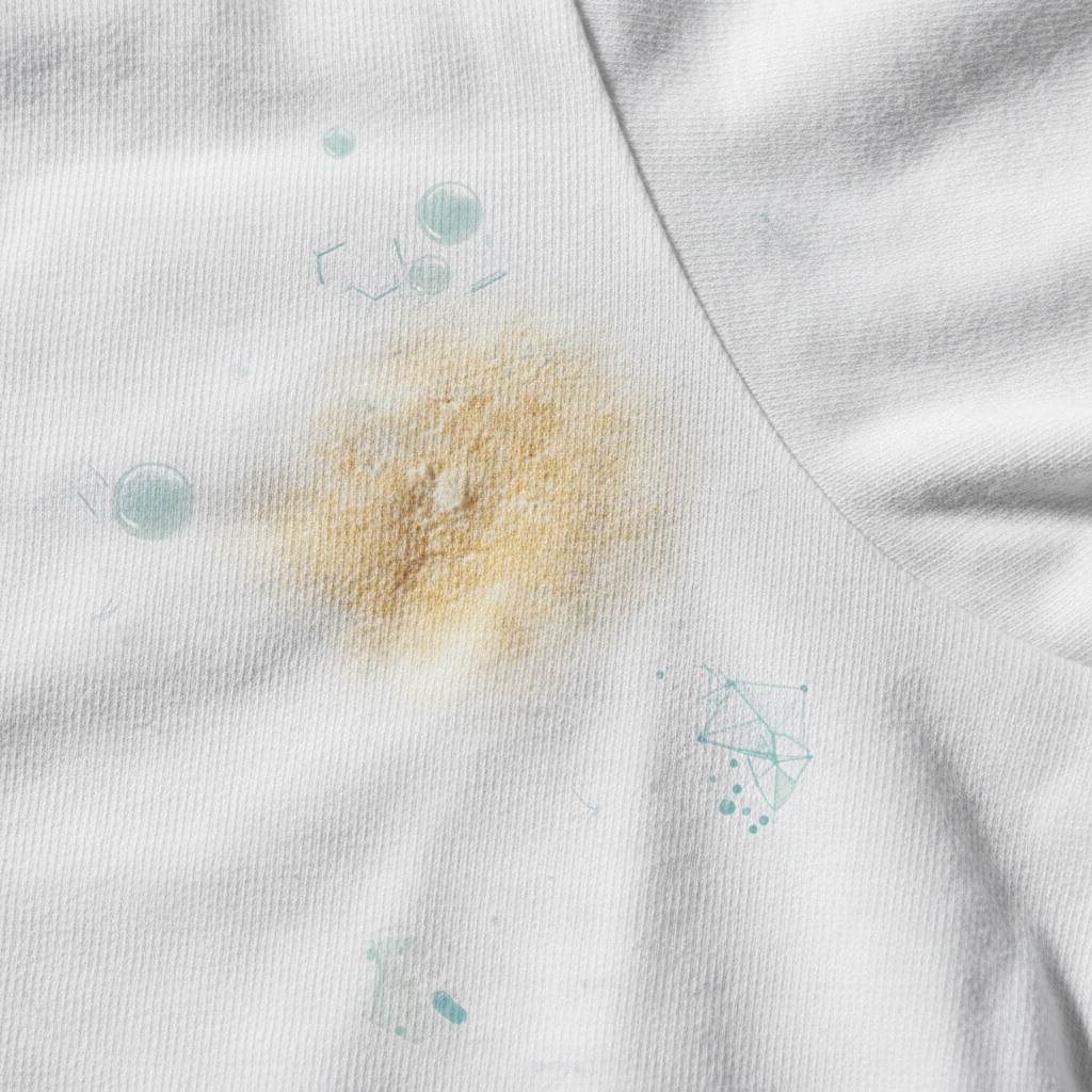 A close-up, high-detail professional photo of a white t-shirt's underarm area, clearly showing a stubborn, yellowish sweat and deodorant stain. The fabric fibers should be visible, with a subtle, stylized visual overlay or graphic elements hinting at the chemical components responsible: faint, translucent representations of sweat droplets, crystalline aluminum salt structures, and microscopic bacteria, all intertwined within the fabric weave. The lighting should be bright, emphasizing the stain's texture and color against the clean white fabric, conveying the frustrating nature of the problem.