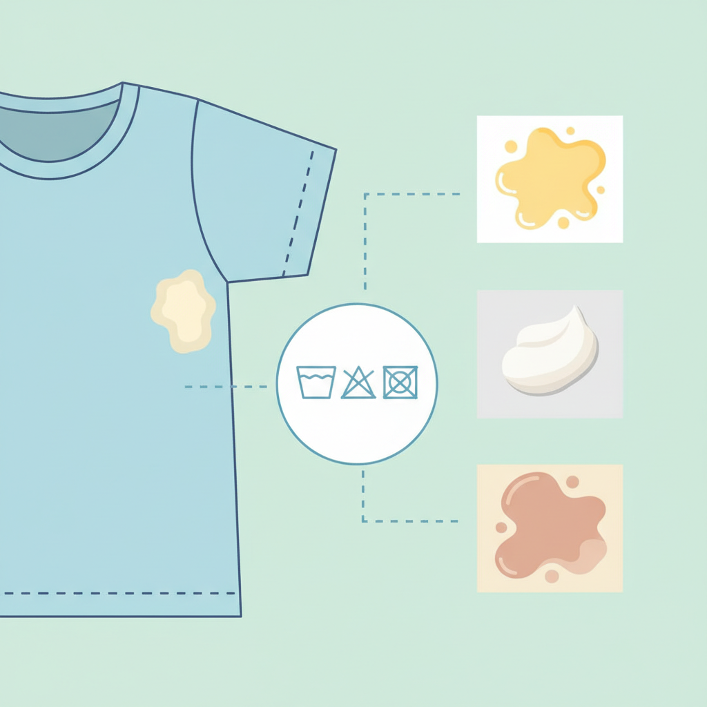 A vibrant, clean flat illustration depicting the initial steps of stain removal preparation. On one side, a partially unfolded clothing item with a prominent underarm stain (either yellowish or whitish), and next to it, a small magnified icon illustrating a 'care label' with generic, universally recognizable washing symbols. On the other side, an abstract representation of different stain types, perhaps three distinct, color-coded splotches on fabric swatches (e.g., yellow, white, light brown) with subtle visual cues to differentiate them. The overall style should be clear, informative, and visually appealing for a blog, using a bright and clean color palette.