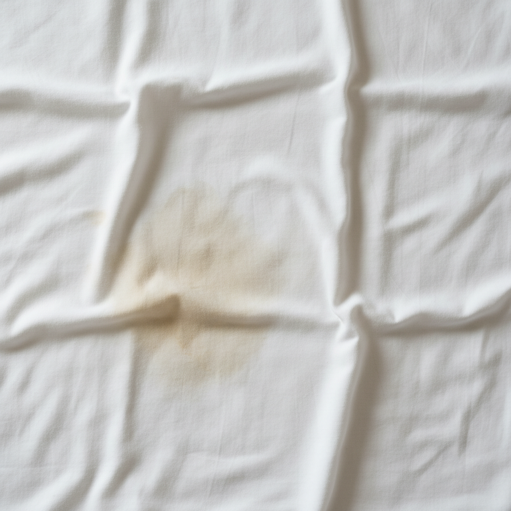 Close-up of a section of a crumpled, white cotton duvet cover or pillowcase. The fabric exhibits distinct, subtle yellowish-brown sweat stains concentrated in a few areas, contrasting against the crisp white. The texture of the fabric should be visible, suggesting softness but also the stubbornness of the embedded stains. The lighting is soft and natural, emphasizing the problem without being unpleasantly harsh. Professional studio photograph with a clean, slightly muted color palette.