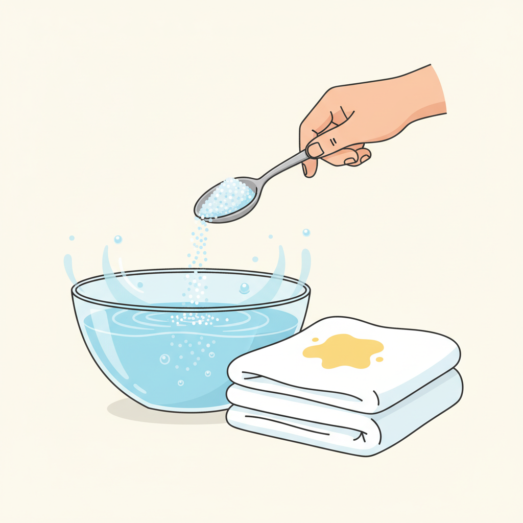A bright, clean infographic-style illustration depicting the preparation of a citric acid solution. On a light background, a clear glass bowl is filled with water. A hand holds a spoon, pouring white crystalline powder into the water. Next to the bowl, a neatly folded, stained piece of bed linen is waiting to be submerged, with a subtle yellow stain visible. Bubbles or swirling lines in the water could suggest mixing. Flat illustration, clean lines, bright and inviting colors, infographic elements.