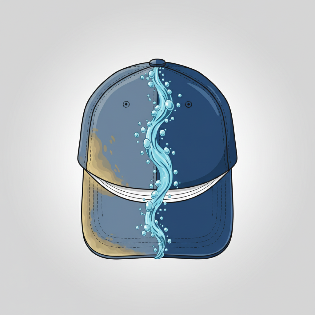 A split-view illustration of a baseball cap. One half of the cap is visibly soiled with distinct yellowish-brown sweat stains along the brim and inner headband, appearing dull and worn. The other half is pristine, vibrant, and clean, as if brand new. A subtle, dynamic visual effect like gentle, stylized water ripples or effervescent bubbles acts as a transition line between the dirty and clean sections, symbolizing the cleaning process. The background is minimalist and light, emphasizing the cap's transformation. Flat illustration with clean lines and a modern, appealing color palette.