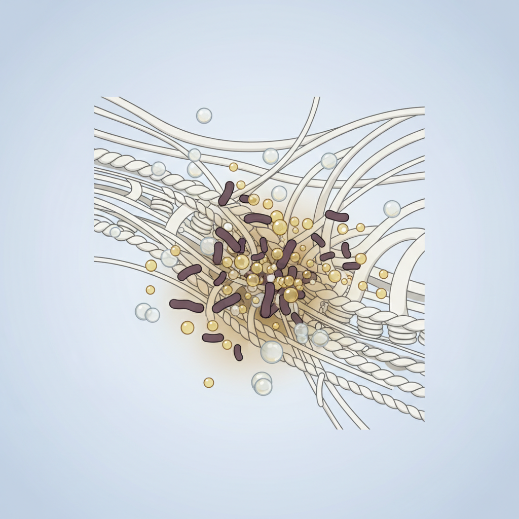 An abstract, clean infographic-style illustration showcasing the microscopic causes of sweat stains on a cap. The scene focuses on a magnified view of cap fabric fibers (e.g., cotton or polyester weave). Within and around these fibers, depict various small, abstract elements: clear sweat droplets, golden-yellow oil globules, and tiny, dark, abstract bacterial shapes. Show these elements coalescing and causing a slight yellowing or browning discoloration within the fabric, specifically illustrating how sweat, oils, and bacteria lead to visible stains. The overall feel is scientific and explanatory.