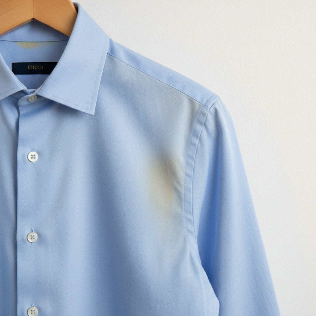 A professional close-up photo of a clean, light-colored dress shirt (e.g., white or light blue) prominently displaying distinct yellow-brown sweat stains in the armpit area. The fabric texture should be clearly visible, and the stains should appear embedded but not exaggerated. A subtle, lighter discoloration might also be visible on the collar. The shirt is either neatly folded or hanging against a plain, neutral background, ensuring the focus remains entirely on the stained fabric. Soft, even lighting highlights the problem without harsh shadows.