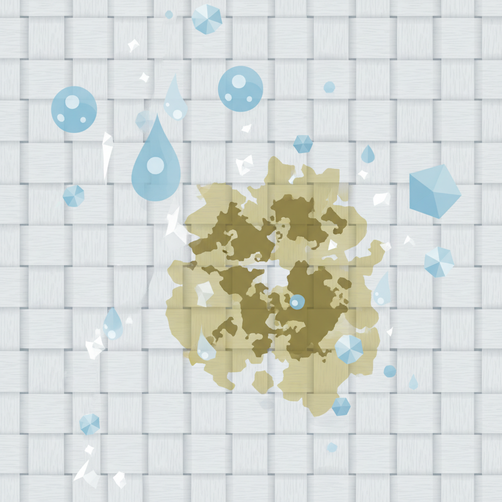 A modern flat illustration depicting a magnified, conceptual view of fabric fibers interacting with sweat and deodorant components. Show interlocking fabric threads (e.g., white or light grey) with abstract, stylized representations of sweat molecules (water droplets, salt crystals) and deodorant particles (small geometric shapes, perhaps in a subtle blue/silver). Illustrate these components chemically bonding with the fibers and forming a distinct, yellowish or greenish-brown discoloration embedded within the weave. The style should be clean, infographic-like, and clearly communicate the process of stain formation at a microscopic level, without being overly scientific.