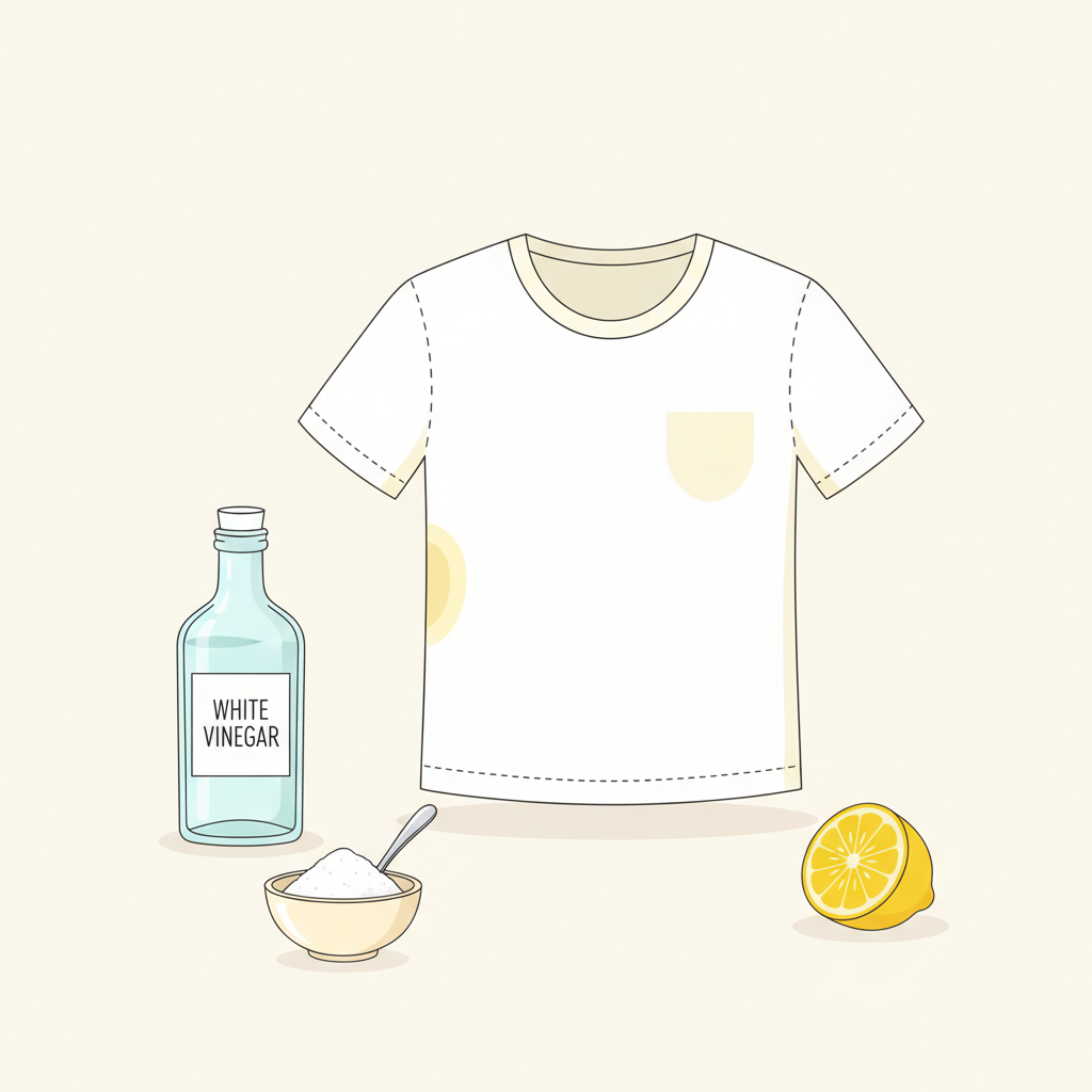 A professional, bright, and clean flat illustration depicting the common problem of sweat stains. The central focus is a light-colored t-shirt with a visible, subtle yellow armpit stain. Around the shirt, arranged aesthetically, are small, clean illustrations of common household remedies: a bottle of white vinegar, a small bowl of baking soda powder with a spoon, and a sliced lemon. The composition suggests the various options available for tackling the issue, highlighting the natural remedies without showing any explicit action. The overall mood is helpful and problem-solving, with soft shadows and a minimalist background.