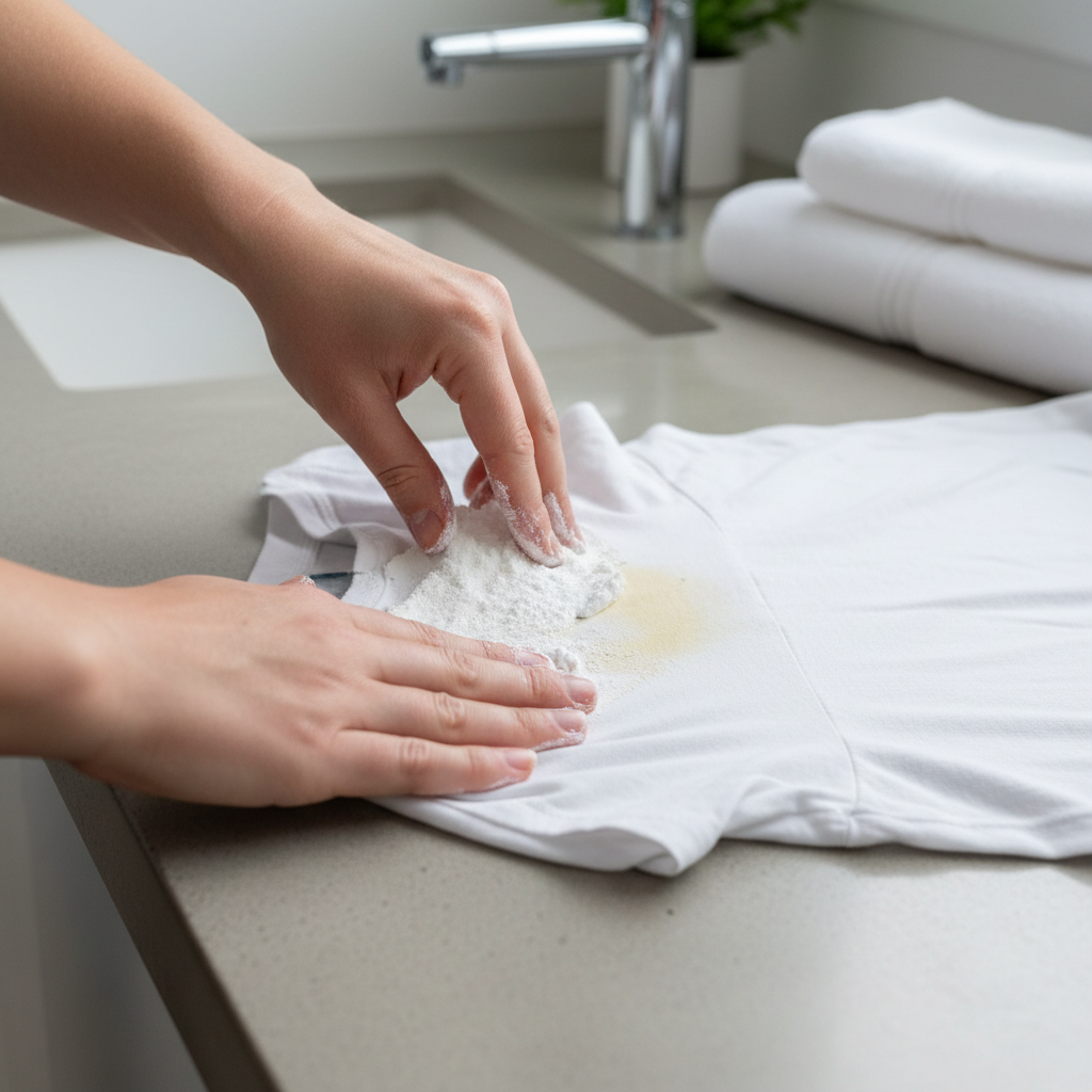A high-quality, close-up lifestyle photograph showing the process of treating a sweat stain. A pair of hands, with short, clean fingernails (gender-neutral), is carefully applying a thick, white paste (representing a baking soda mixture) onto the yellowed armpit area of a stretched-out white t-shirt. The t-shirt is laid flat on a smooth, light-colored wooden or concrete surface. The focus is sharp on the hands and the stained fabric, with a slightly blurred background that hints at a laundry or bathroom environment. The lighting is natural and even, emphasizing cleanliness and the act of care, conveying a practical 'how-to' moment.