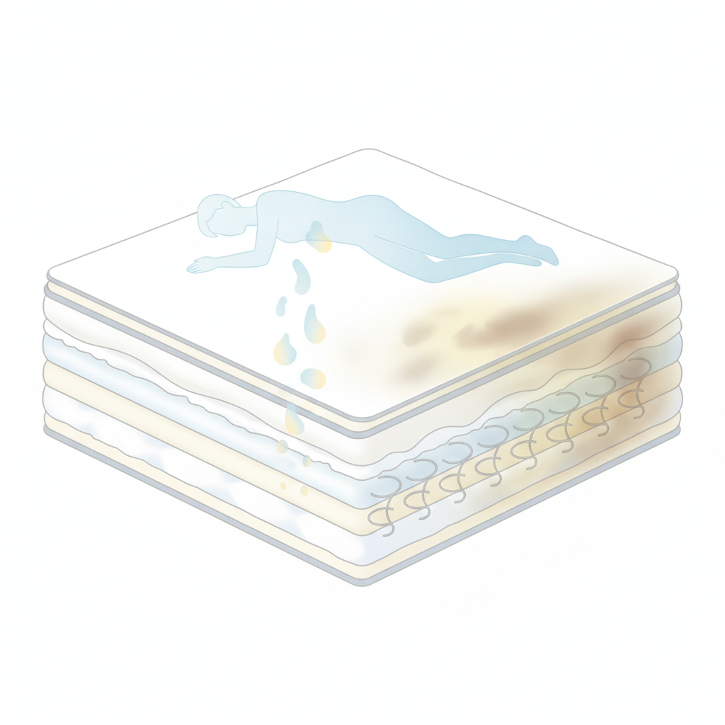 A close-up cross-section of a mattress layer. Above, a translucent, ethereal silhouette of a sleeping person gently hovers, with faint, stylized sweat droplets shown originating from them and subtly penetrating the mattress surface. One side of the mattress cross-section should appear pristine and clean. The other side, deeper within the material, reveals diffuse, subtle yellow and brownish discolored areas, indicating ingrained sweat stains. The focus is on the contrast between surface cleanliness and hidden discoloration, illustrating the accumulation over time. Flat illustration style with soft gradients.
