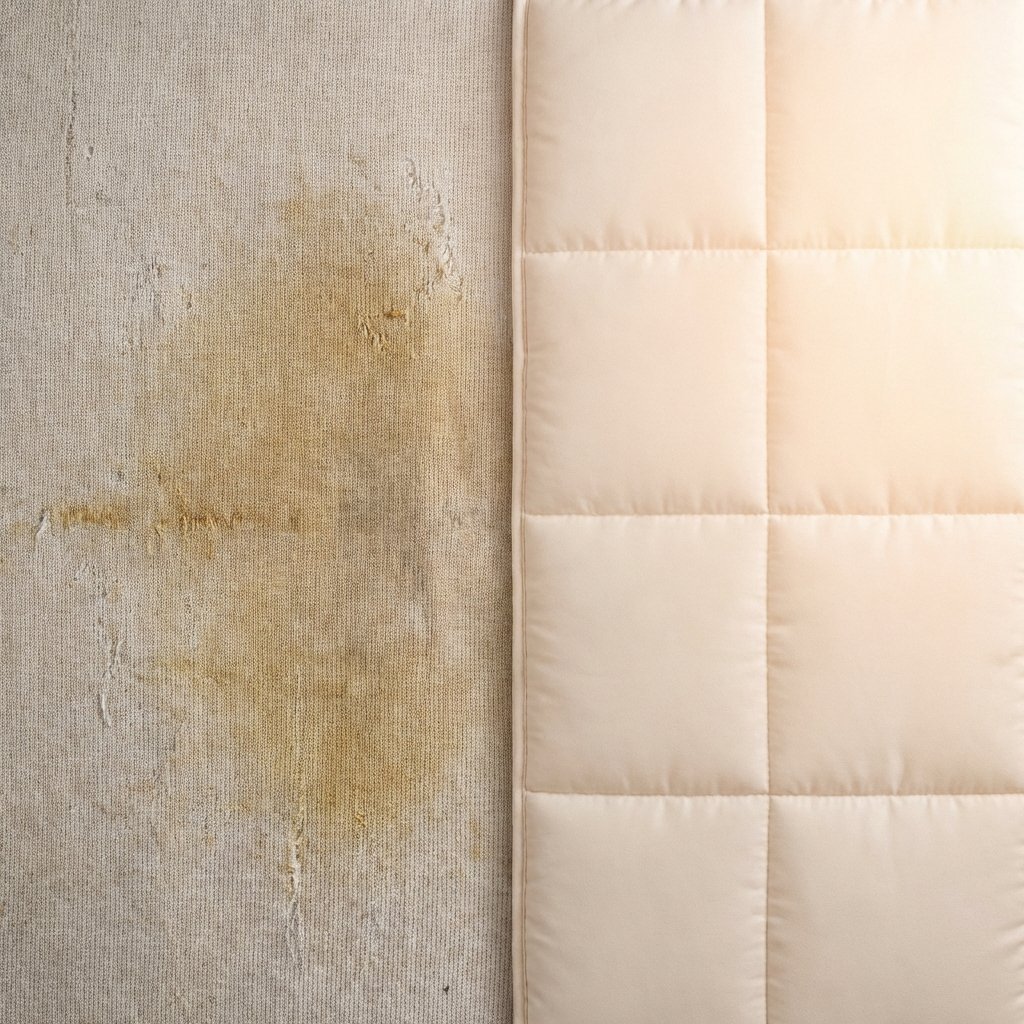 A realistic, high-angle professional photo of a mattress surface. The image is subtly divided: one side shows a visible, yellowish-brown sweat stain deeply set into the mattress fabric, looking unhygienic and aged. The other side transitions to a pristine, clean, and fresh-looking mattress fabric in a light, neutral color, perhaps with a soft, bright glow, symbolizing cleanliness and a fresh sleep feeling. The contrast should be stark, emphasizing the transformation from dirty to clean. No human elements, just the mattress.