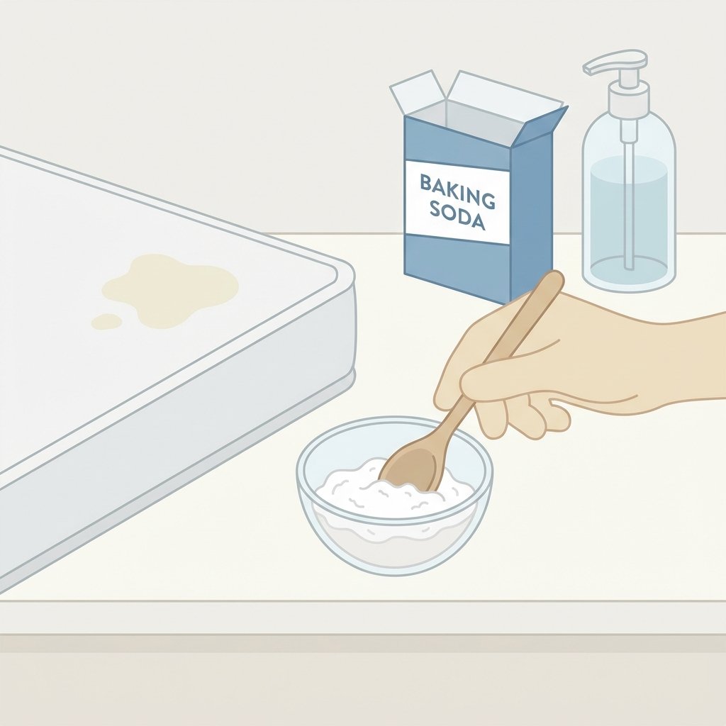 A clean and modern flat illustration depicting the preparation of home remedies for mattress cleaning. In the foreground, a gentle hand is carefully mixing a white powder (representing baking soda) with a small amount of water in a transparent bowl to form a paste. Nearby, a subtle, light grey outline of a mattress corner with a small, faded yellow stain is visible. In the background, common cleaning elements like an opened box of baking soda and a bottle of clear liquid soap are subtly present, suggesting the necessary cleaning materials. The overall mood is neat, clear, and instructional.