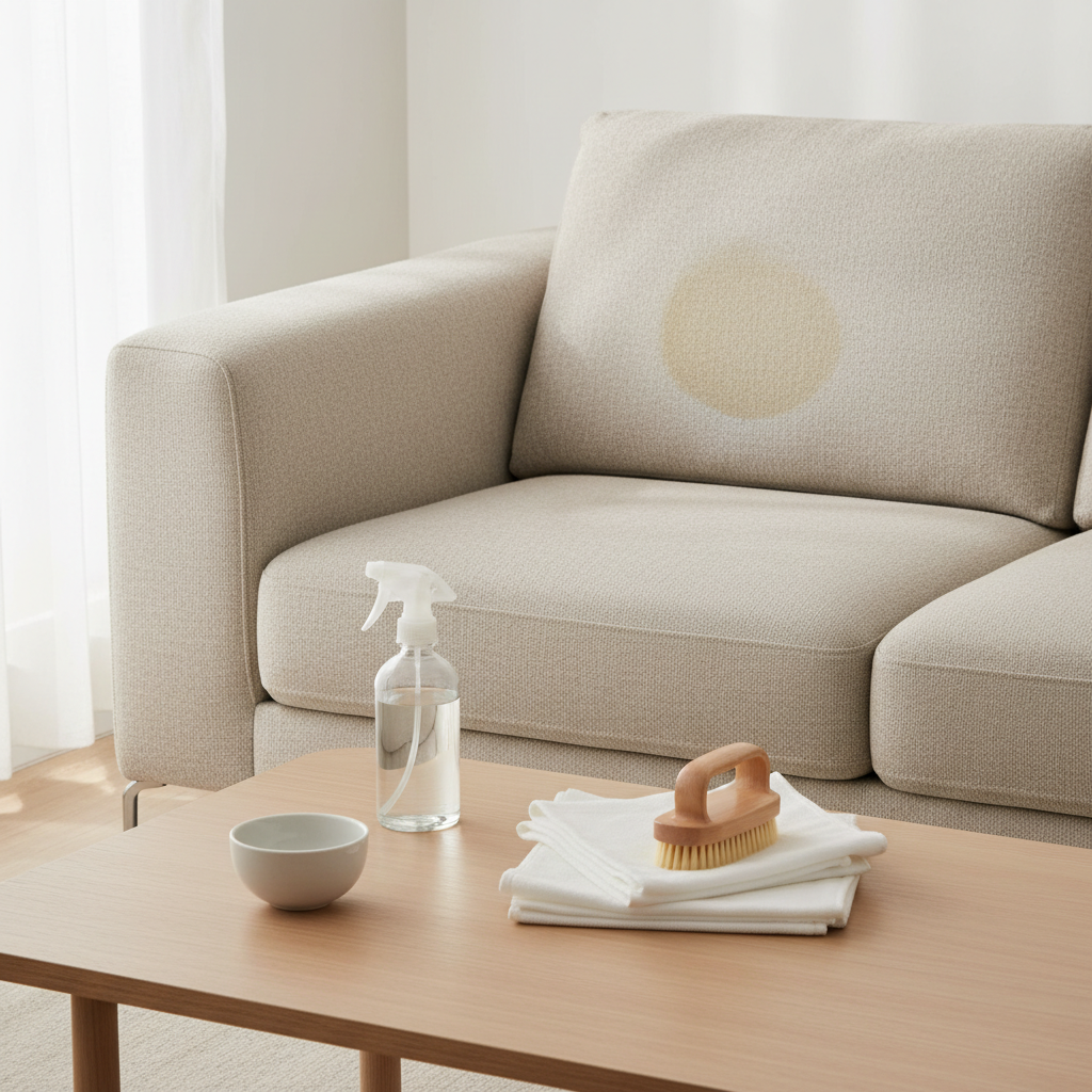 A professional photo capturing a cozy living room scene with a modern, light-colored fabric sofa. On one of the cushions, there is a subtle, slightly yellowish sweat stain, creating a realistic visual contrast. In the foreground, neatly arranged on a clean, light wooden coffee table, are various essential cleaning tools: a clear spray bottle, a stack of clean white microfiber cloths, a small ceramic bowl, and a soft-bristled brush. The composition should convey a calm, organized approach to tackling a common household problem. The lighting should be soft and inviting, emphasizing cleanliness.