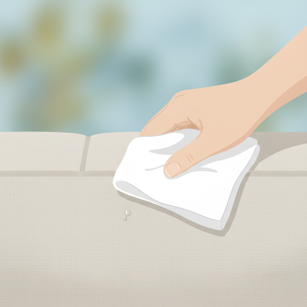 A detailed flat illustration with a soft, clean aesthetic, showing a close-up of a human hand. The hand is carefully dabbing a small, inconspicuous area on the underside of a light-colored sofa cushion with the corner of a clean white cloth. A tiny, almost invisible drop of cleaning liquid is depicted being absorbed by the fabric. The sofa fabric has a visible, soft texture, suggesting materials like cotton or linen. The background is a subtly blurred wash of complementary colors, ensuring the viewer's focus remains squarely on the precise action of testing the cleaning solution on the material.