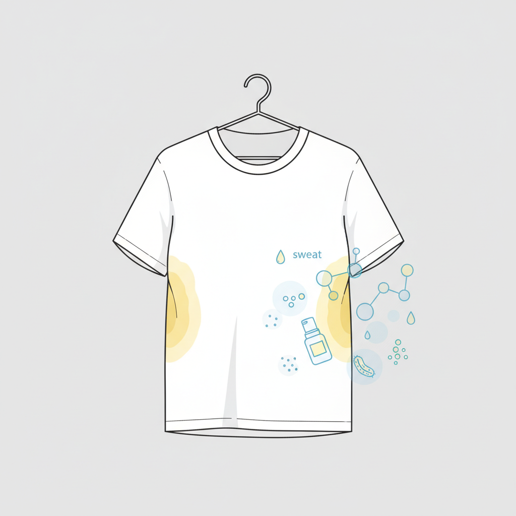 A crisp, white t-shirt hanging on a hanger, prominently displaying noticeable yellow sweat stains in both armpit areas. The fabric around the stains should appear slightly stiff or discolored. In a subtle, illustrative overlay, abstract molecular shapes or faded symbolic representations of 'sweat' (like water droplets), 'deodorant' (a small bottle outline), and 'bacteria' (tiny dots) are shown interacting near the stained area, subtly suggesting the cause. The background is clean and minimalistic, emphasizing the problem. Flat illustration style with clear outlines and soft shading.