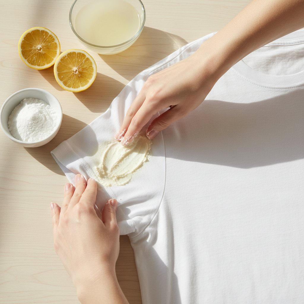A hands-on, step-by-step visual demonstrating a home remedy for sweat stains. Focus on a white t-shirt laid flat, with one armpit area being treated. A person's hands are gently applying a paste or solution (represented by a light yellow or white substance) to the stained fabric. Nearby, fresh lemon halves and a small bowl of citric acid powder or a diluted liquid solution are visible, hinting at the ingredients. The scene should convey a sense of care and effectiveness. Bright, natural lighting with a clean, professional photo style, slightly overhead angle.
